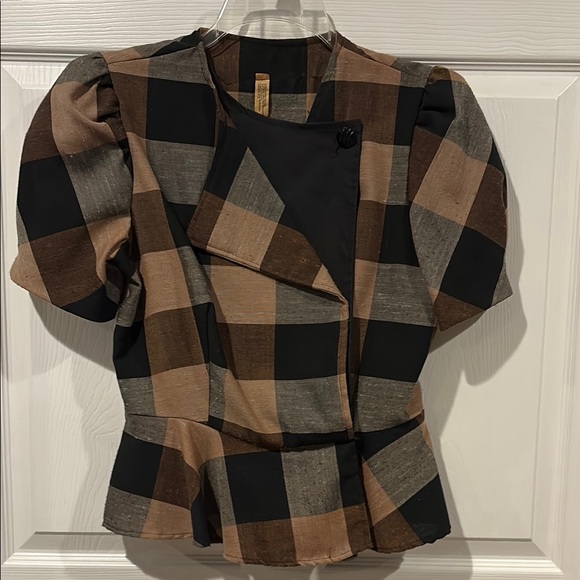 Tops - Vintage Plaid Short-Sleeve Puff Shoulder Peplum Top - Brown/Black